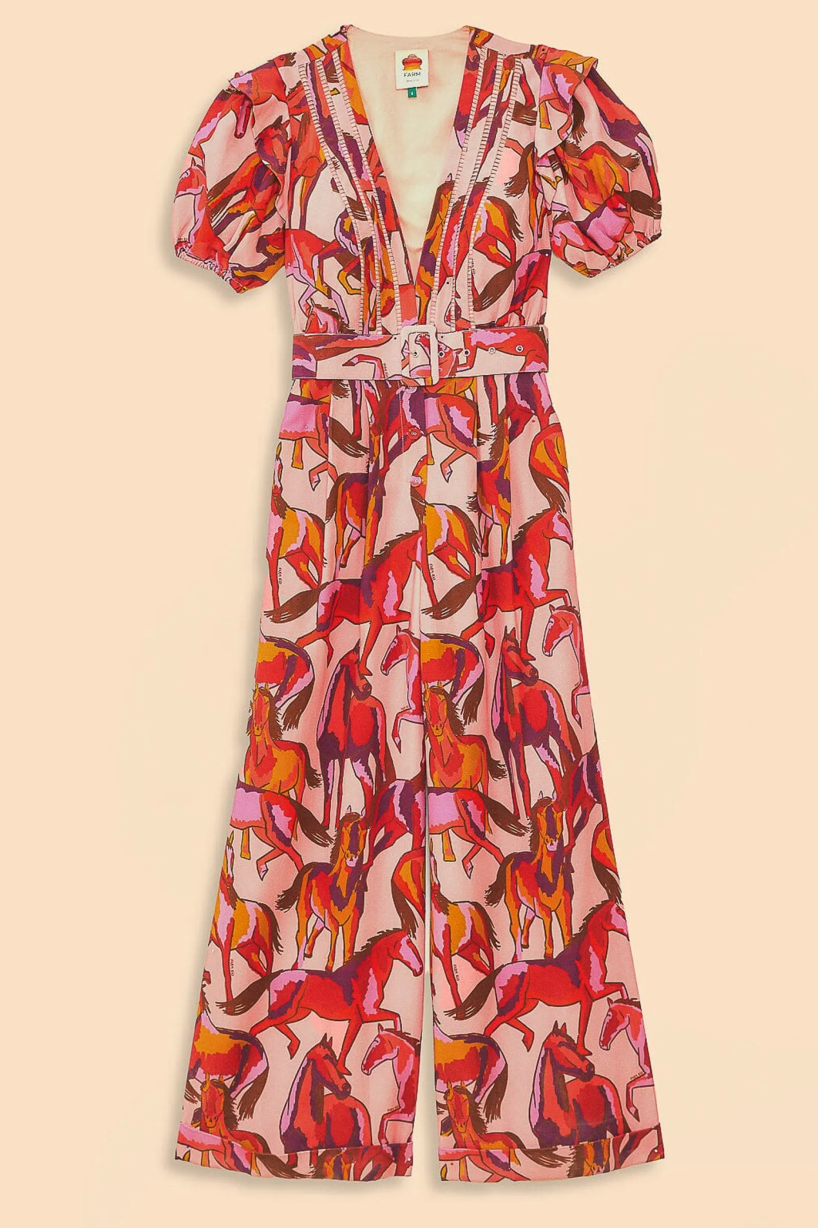 ROSE WILD HORSES PLEATED SHORT SLEEVE JUMPSUIT