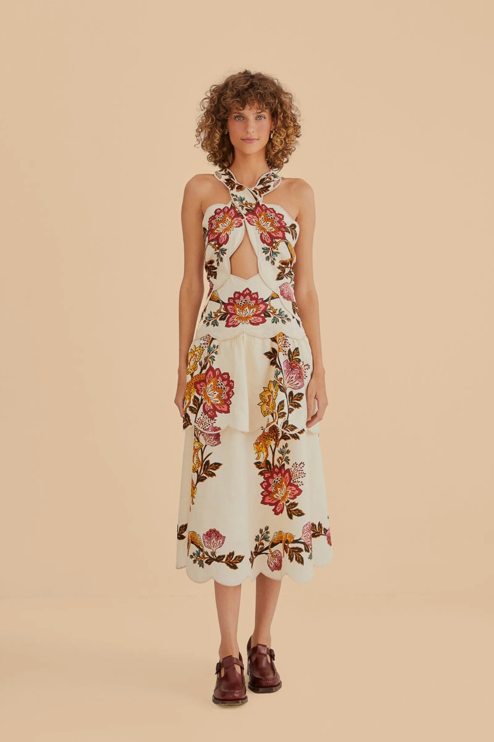  SAND LEOPARD FLOWERS CUT OUT MIDI DRESS