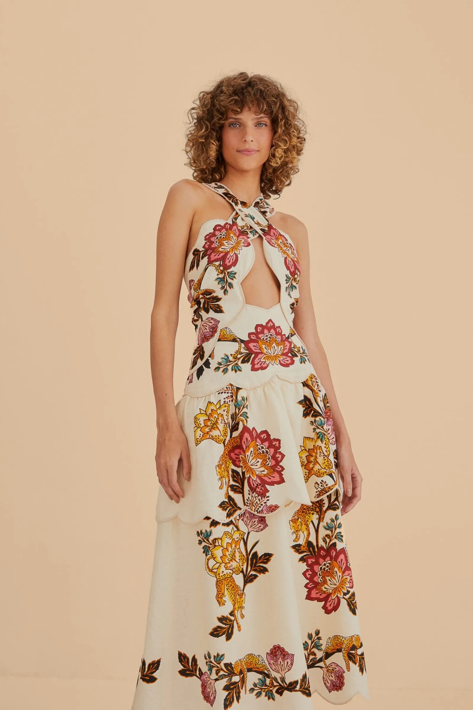 SAND LEOPARD FLOWERS CUT OUT MIDI DRESS