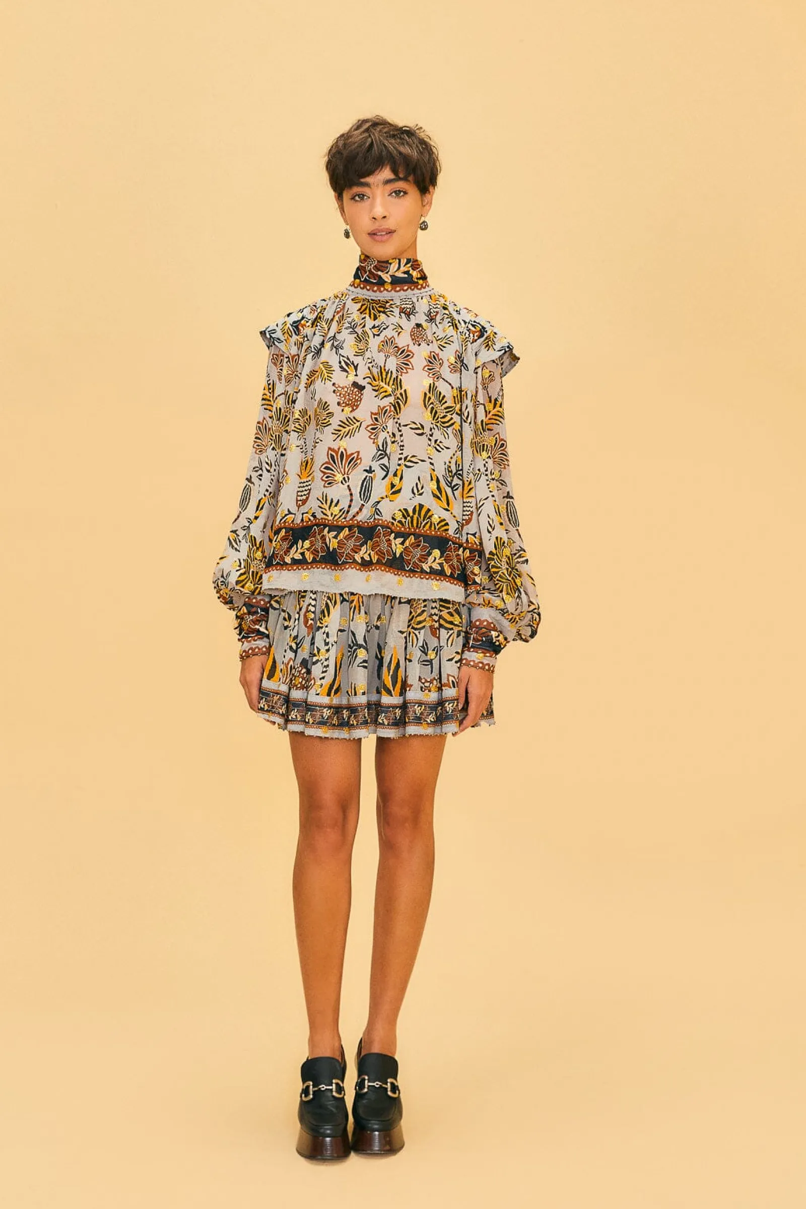 SILVER FLORAL TAPESTRY LONG SLEEVE BLOUSE