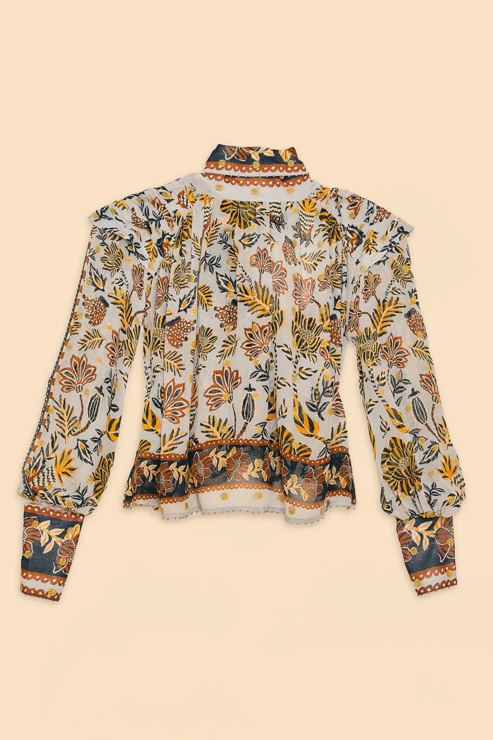 SILVER FLORAL TAPESTRY LONG SLEEVE BLOUSE