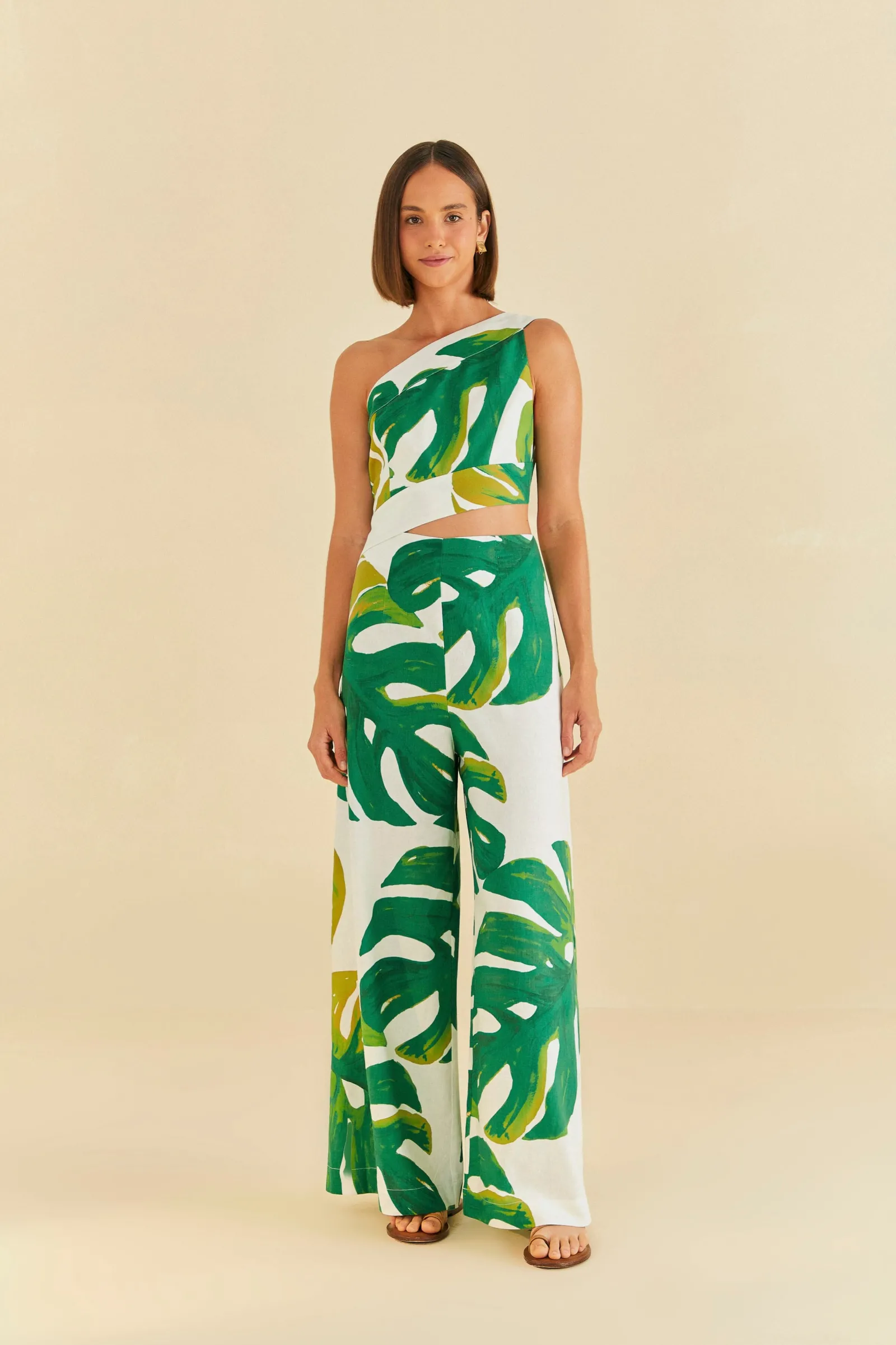  WHITE MONSTERA ONE SHOULDER JUMPSUIT
